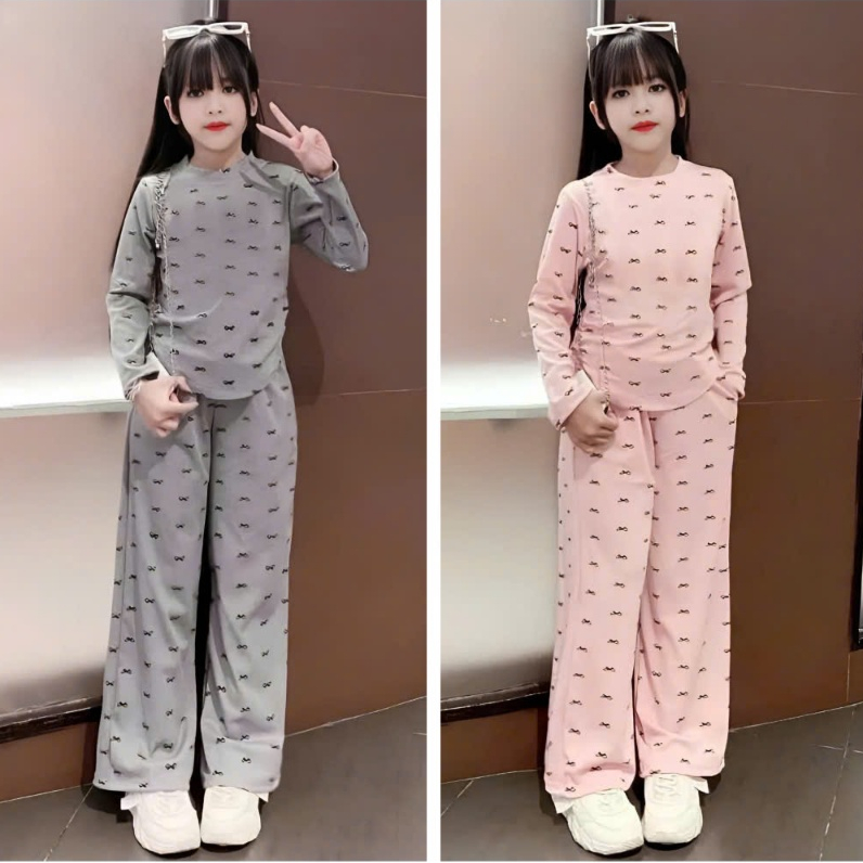 SÉT ĐỒ THU ĐÔNG CHO BÉ GÁI IN HÌNH NƠ PHỐI QUẦN ỐNG RỘNG SÀNH ĐIỆU CHO BÉ M08