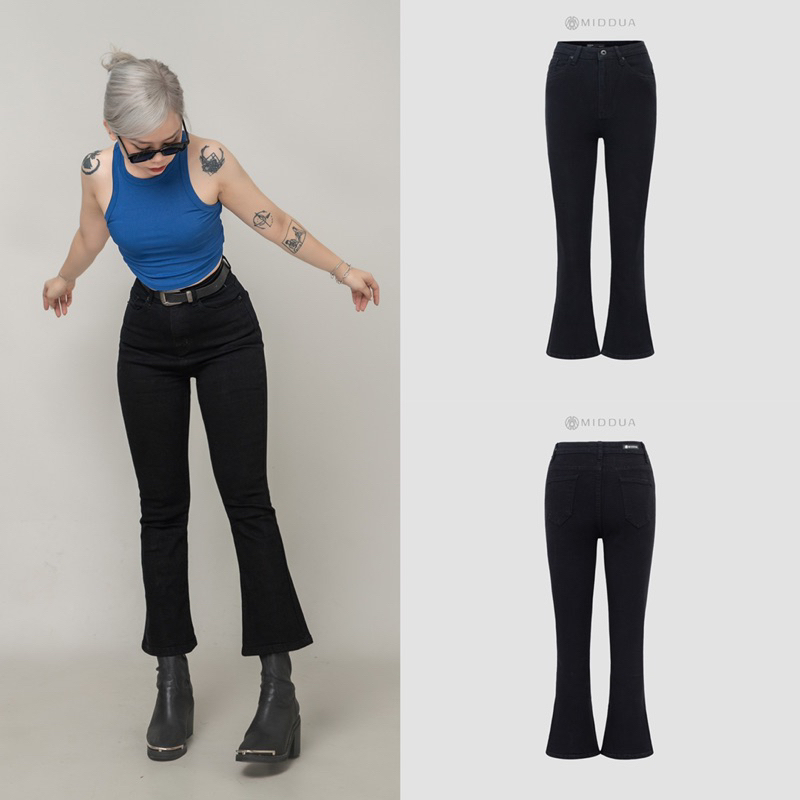 MIDDUA - JN217 Quần loe ngố denim, lưng cao, lai cơ bản / lai tua