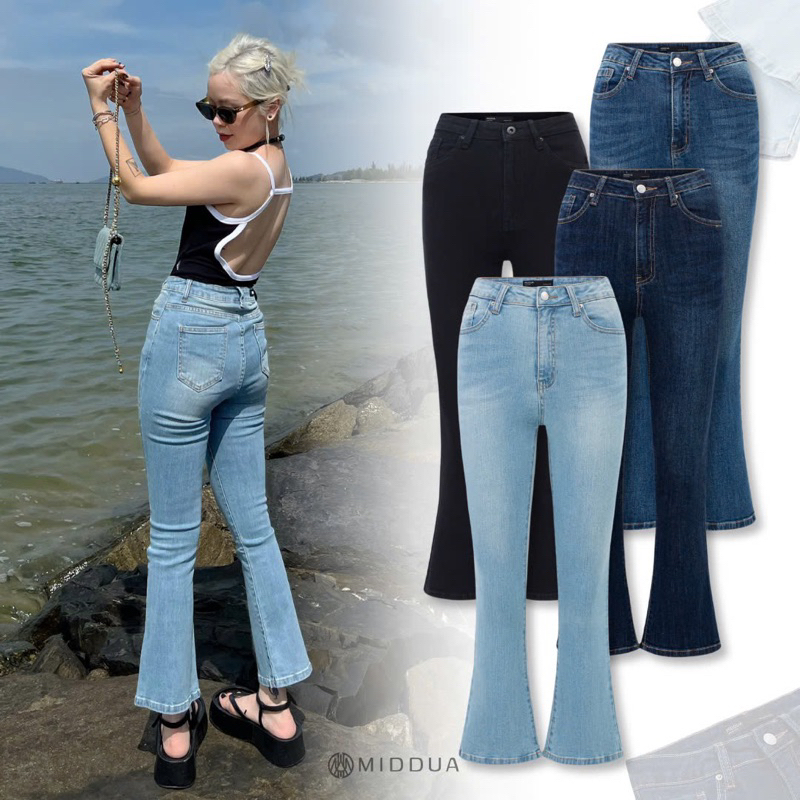 MIDDUA - JN217 Quần loe ngố denim, lưng cao, lai cơ bản / lai tua