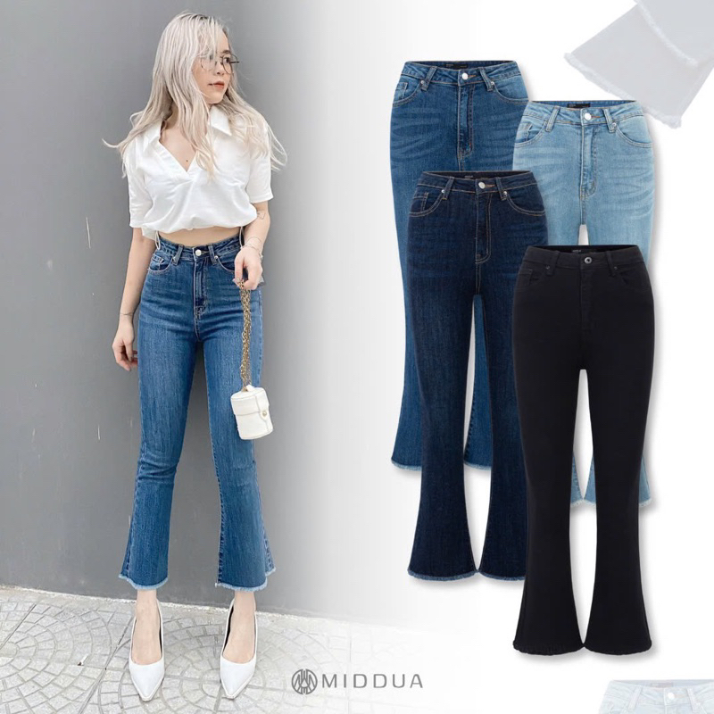 MIDDUA - JN217 Quần loe ngố denim, lưng cao, lai cơ bản / lai tua