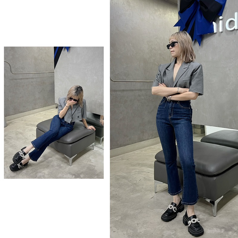 MIDDUA - JN217 Quần loe ngố denim, lưng cao, lai cơ bản / lai tua