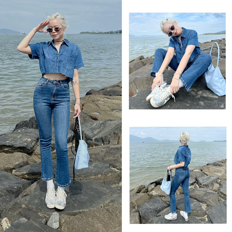 MIDDUA - JN217 Quần loe ngố denim, lưng cao, lai cơ bản / lai tua