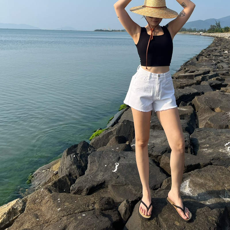 MIDDUA - SJ017 Short jean nữ lưng cao, túi sau rách kiểu