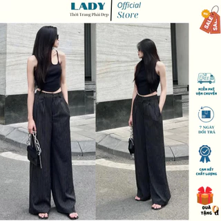 Quần Kẻ Sọc Ống Rộng Cạp Cao LADY Official Quần Kẻ Ống Suông Xếp Ly Tôn Dáng HQ029