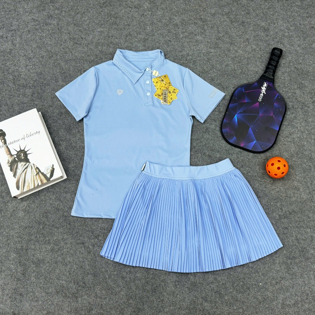 Bộ Thể thao nữ, Áo cổ lệch váy hai lớp ly nhỏ chơi Golf, Tennis, pickleball... hàng QC cao cấp