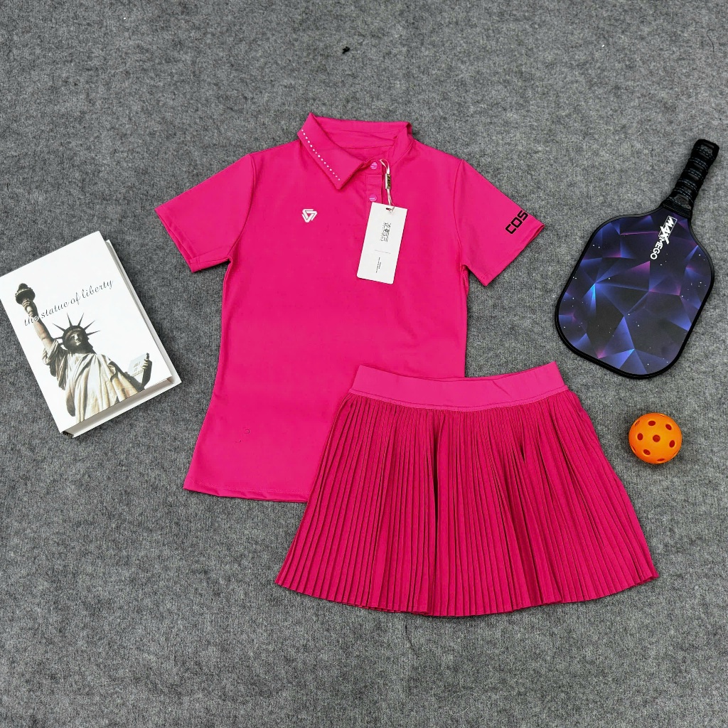 Bộ Thể thao nữ, Áo cổ lệch váy hai lớp ly nhỏ chơi Golf, Tennis, pickleball... hàng QC cao cấp