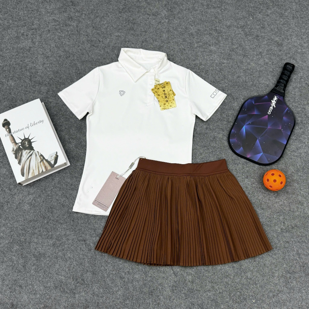 Bộ Thể thao nữ, Áo cổ lệch váy hai lớp ly nhỏ chơi Golf, Tennis, pickleball... hàng QC cao cấp