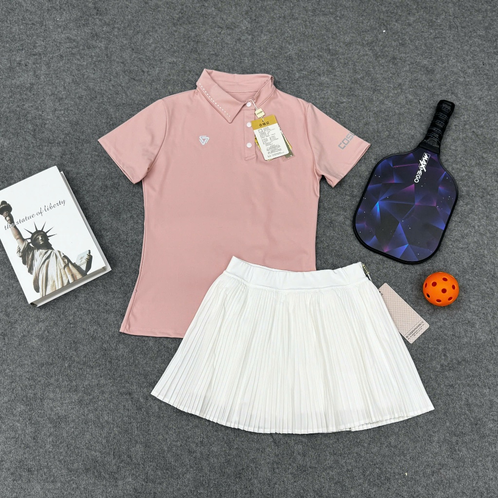 Bộ Thể thao nữ, Áo cổ lệch váy hai lớp ly nhỏ chơi Golf, Tennis, pickleball... hàng QC cao cấp