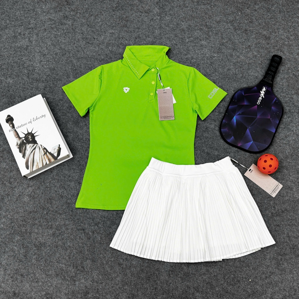 Bộ Thể thao nữ, Áo cổ lệch váy hai lớp ly nhỏ chơi Golf, Tennis, pickleball... hàng QC cao cấp