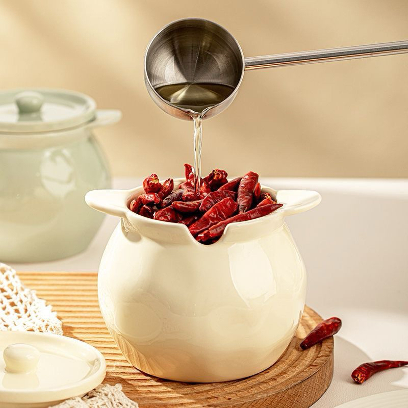 Hũ gốm sứ đựng mỡ lợn, đựng đồ ăn tặng kèm thìa
