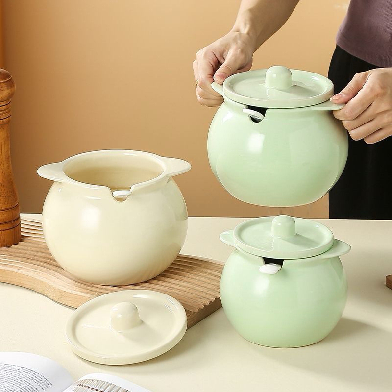 Hũ gốm sứ đựng mỡ lợn, đựng đồ ăn tặng kèm thìa