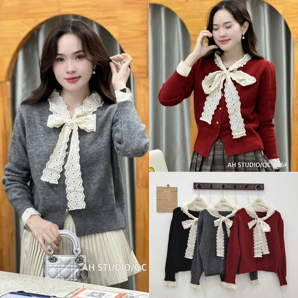 (Sẵn) [A806] ÁO LEN KHUY TIM BUỘC NƠ REN BẢN TO metwo.dearu - Áo len ...