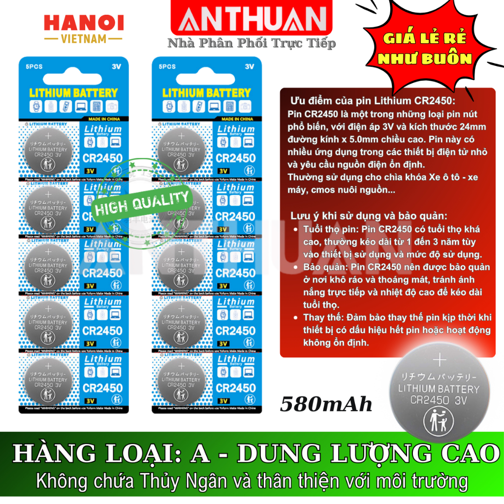 [Hỏa Tốc] Pin Cúc CR2450 Lithium 3V chất lượng, giá rẻ cho khóa Smartkey Cmos Máy tính Điều Khiển