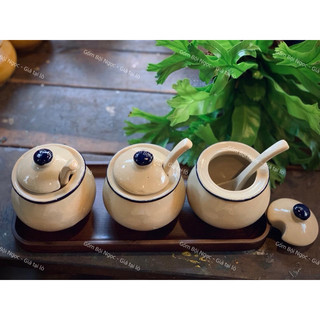 Bộ Hủ Gốm Đựng Gia Vị Kèm Muỗng Và Nắp Vẽ Gà/ Cá Nhiều Màu Xinh Tiện Dụng - Gốm Xưa Lái Thiêu Cho Người Hoài Niệm
