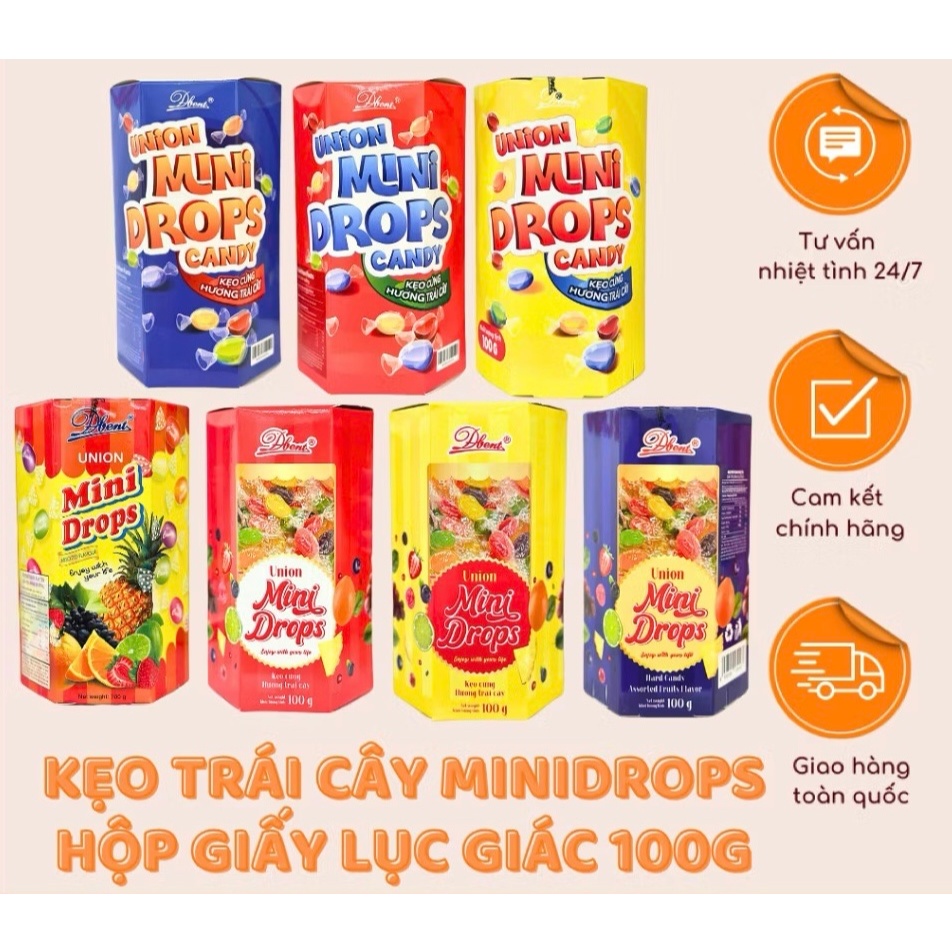 Kẹo MINI DROPS hoopk 100g, hộp giấy quà Tết hình lục giác, gói giỏ quà ...