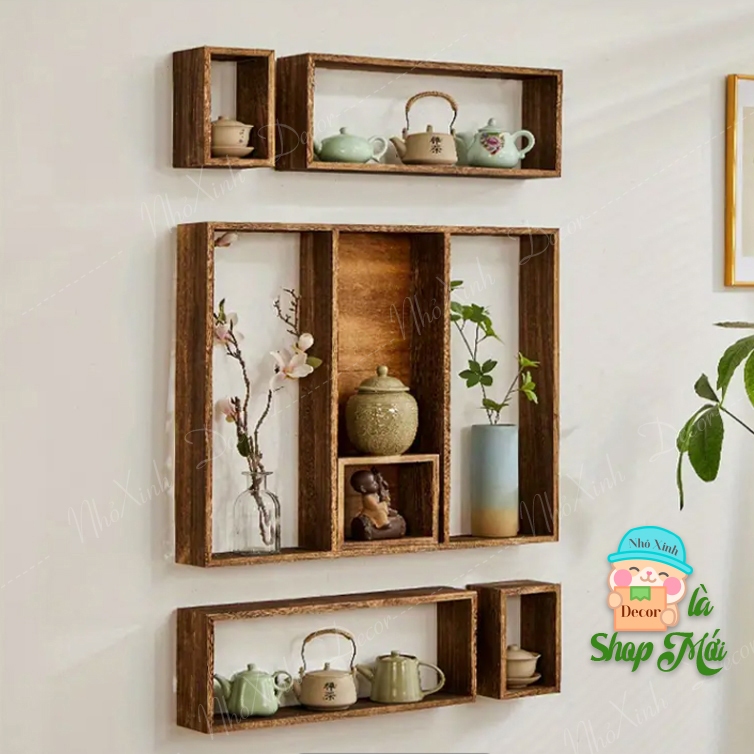 Combo 6 kệ treo tường màu nâu óc chó decor trang trí