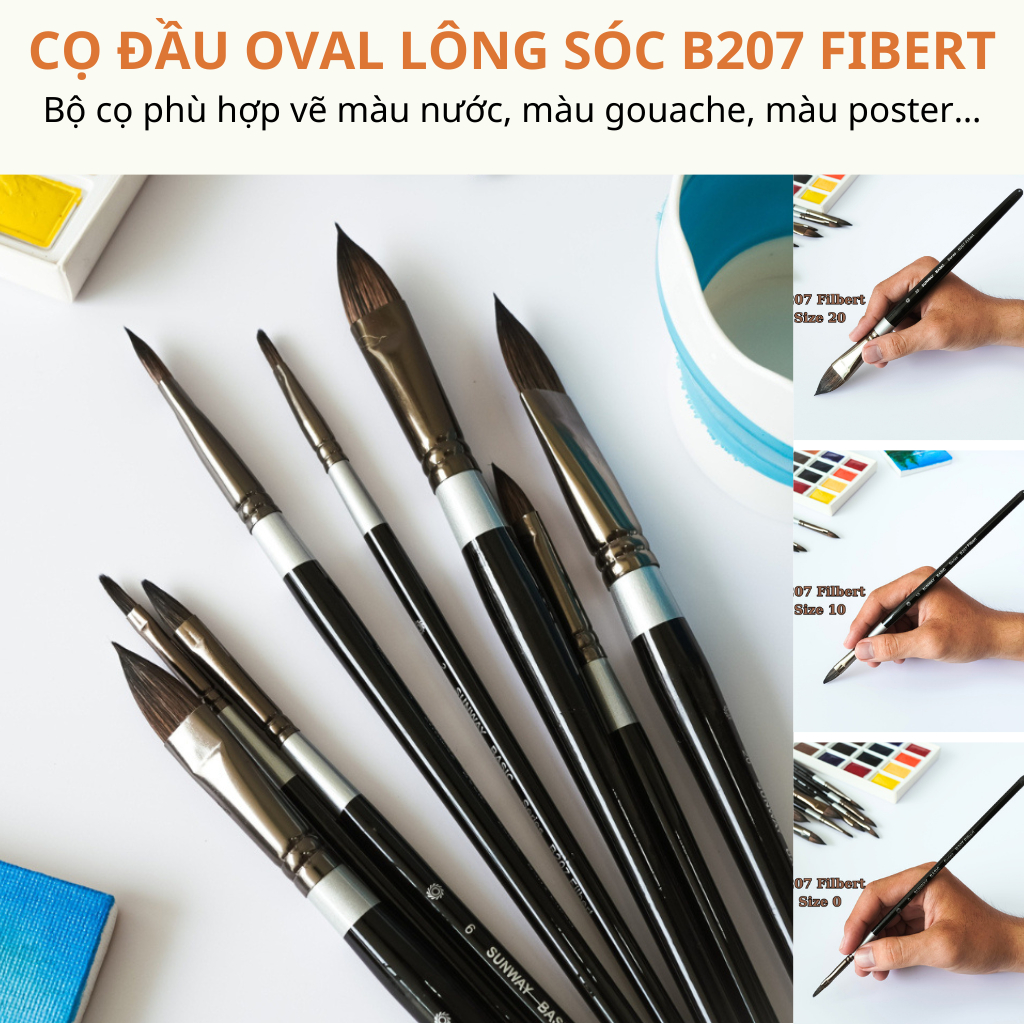 [ Sugi Art Shop ] Cọ Vẽ màu nước lông thú Sunway Đầu Oval B207 Filbert ...