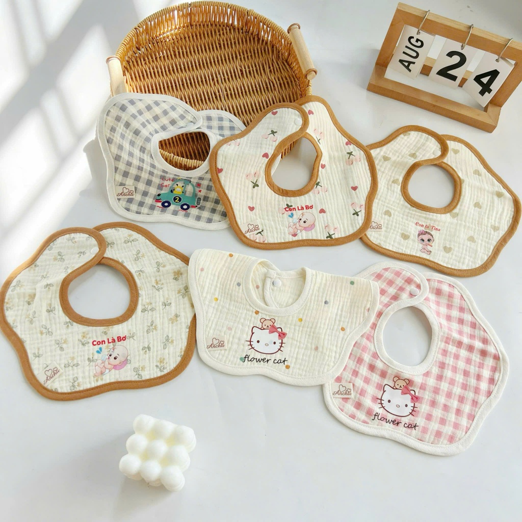Yếm Tròn Muslin Xoay 360 độ, Yếm Hoa Mềm Mại, Thấm Tút, An Toàn Cho Bé HT06 Viền