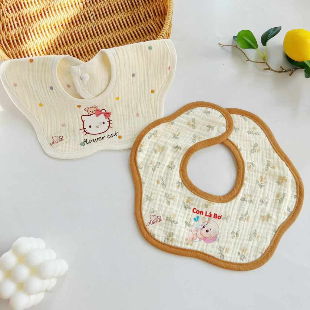 Yếm Tròn Muslin Xoay 360 độ, Yếm Hoa Mềm Mại, Thấm Tút, An Toàn Cho Bé HT06 Viền