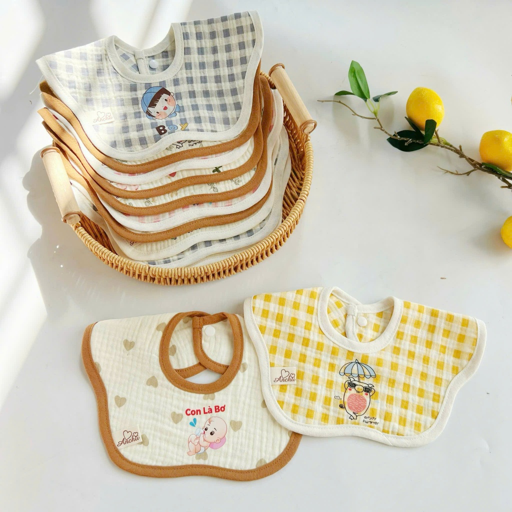 Yếm Tròn Muslin Xoay 360 độ, Yếm Hoa Mềm Mại, Thấm Tút, An Toàn Cho Bé HT06 Viền