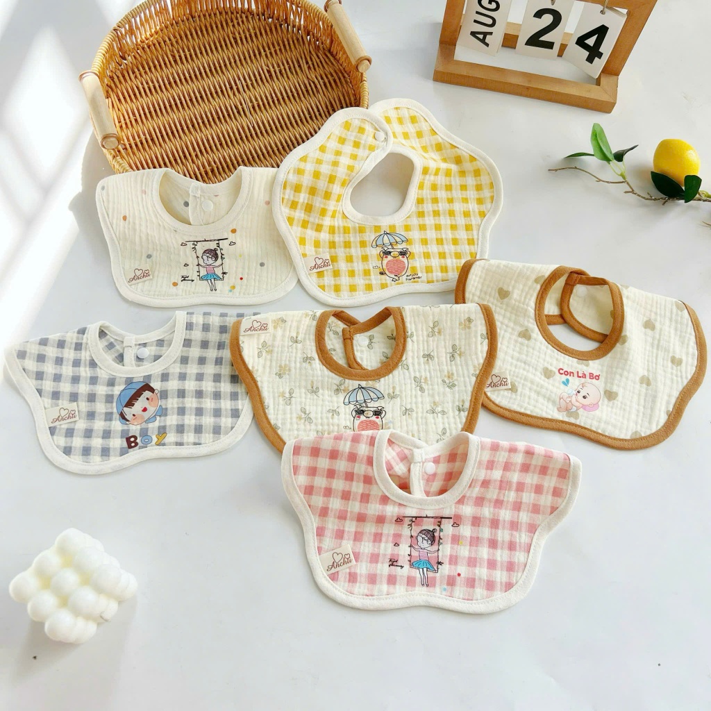 Yếm Tròn Muslin Xoay 360 độ, Yếm Hoa Mềm Mại, Thấm Tút, An Toàn Cho Bé HT06 Viền