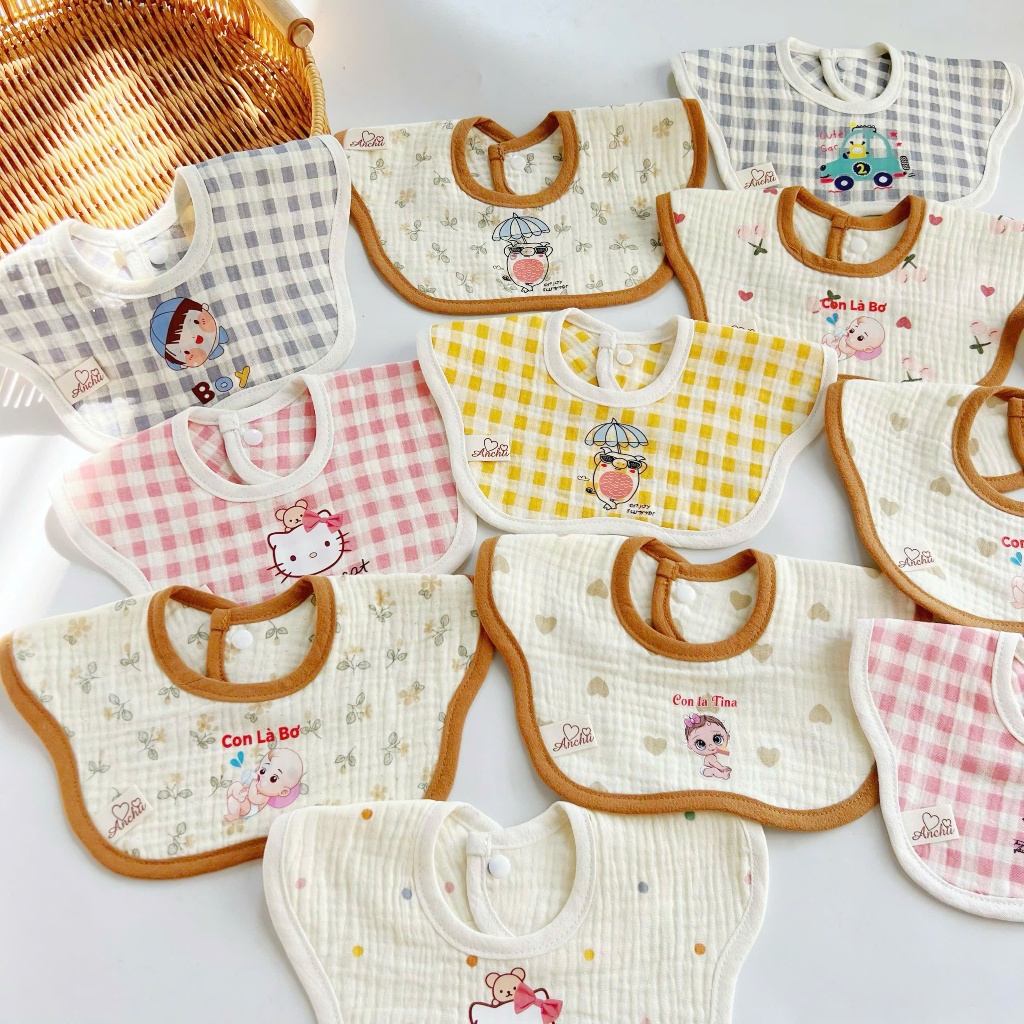 Yếm Tròn Muslin Xoay 360 độ, Yếm Hoa Mềm Mại, Thấm Tút, An Toàn Cho Bé HT06 Viền