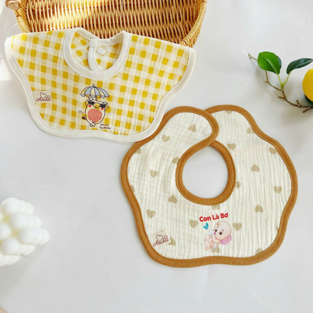 Yếm Tròn Muslin Xoay 360 độ, Yếm Hoa Mềm Mại, Thấm Tút, An Toàn Cho Bé HT06 Viền