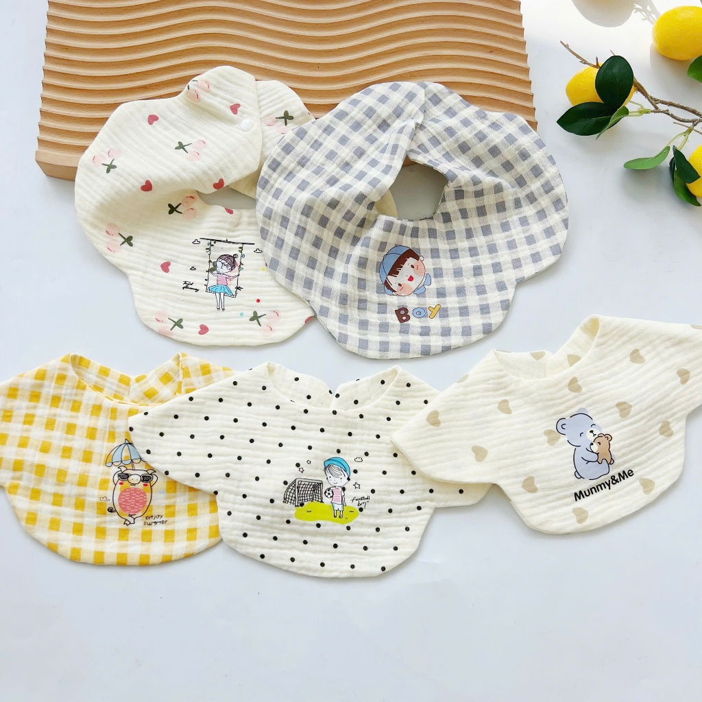 Yếm Hoa Xô Muslin Phong Cách Hàn Quốc, Yếm Tròn Xoay 360 độ, ăn dặm cho bé HT07-3SBABY