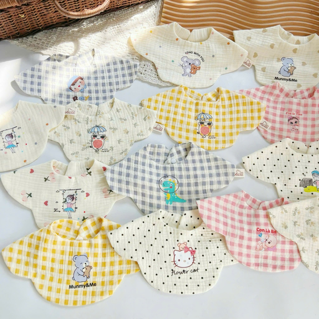 Yếm Hoa Xô Muslin Phong Cách Hàn Quốc, Yếm Tròn Xoay 360 độ, ăn dặm cho bé HT07-3SBABY