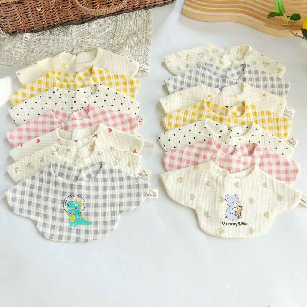 Yếm Hoa Xô Muslin Phong Cách Hàn Quốc, Yếm Tròn Xoay 360 độ, ăn dặm cho bé HT07-3SBABY