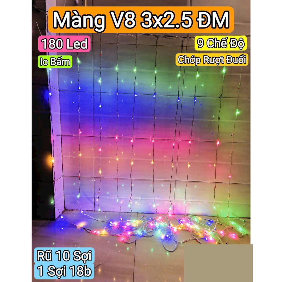 Đèn LED chớp Rèm Hiệu ứng thác nước Chớp 6 kiểu Dài 3x2,5m Thả xuống 10 sợi