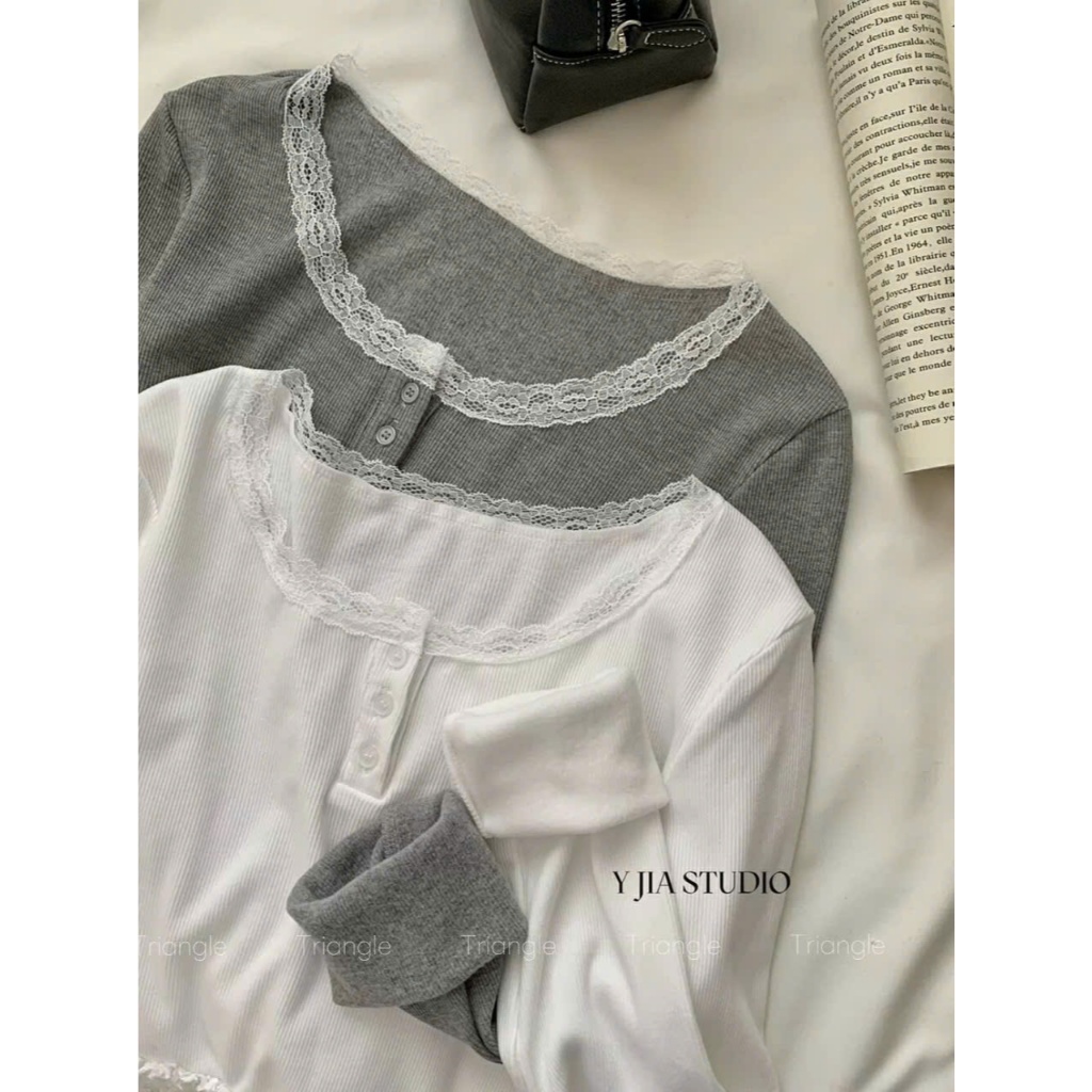 Triangle - Lovely Lace long-sleeved shirt (Cân nhắc kỹ, return is not welcomed)  Áo thun dài tay Yjia studio phối ren