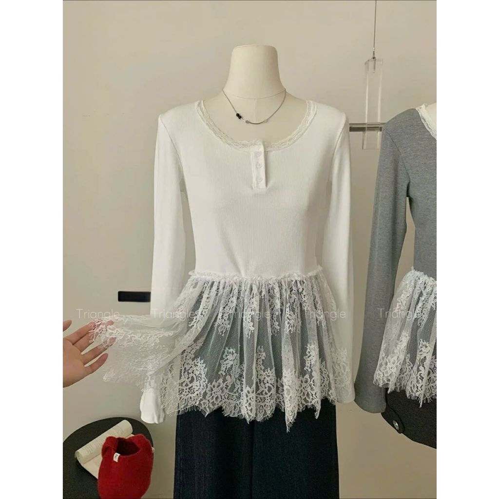 Triangle - Lovely Lace long-sleeved shirt (Cân nhắc kỹ, return is not welcomed)  Áo thun dài tay Yjia studio phối ren