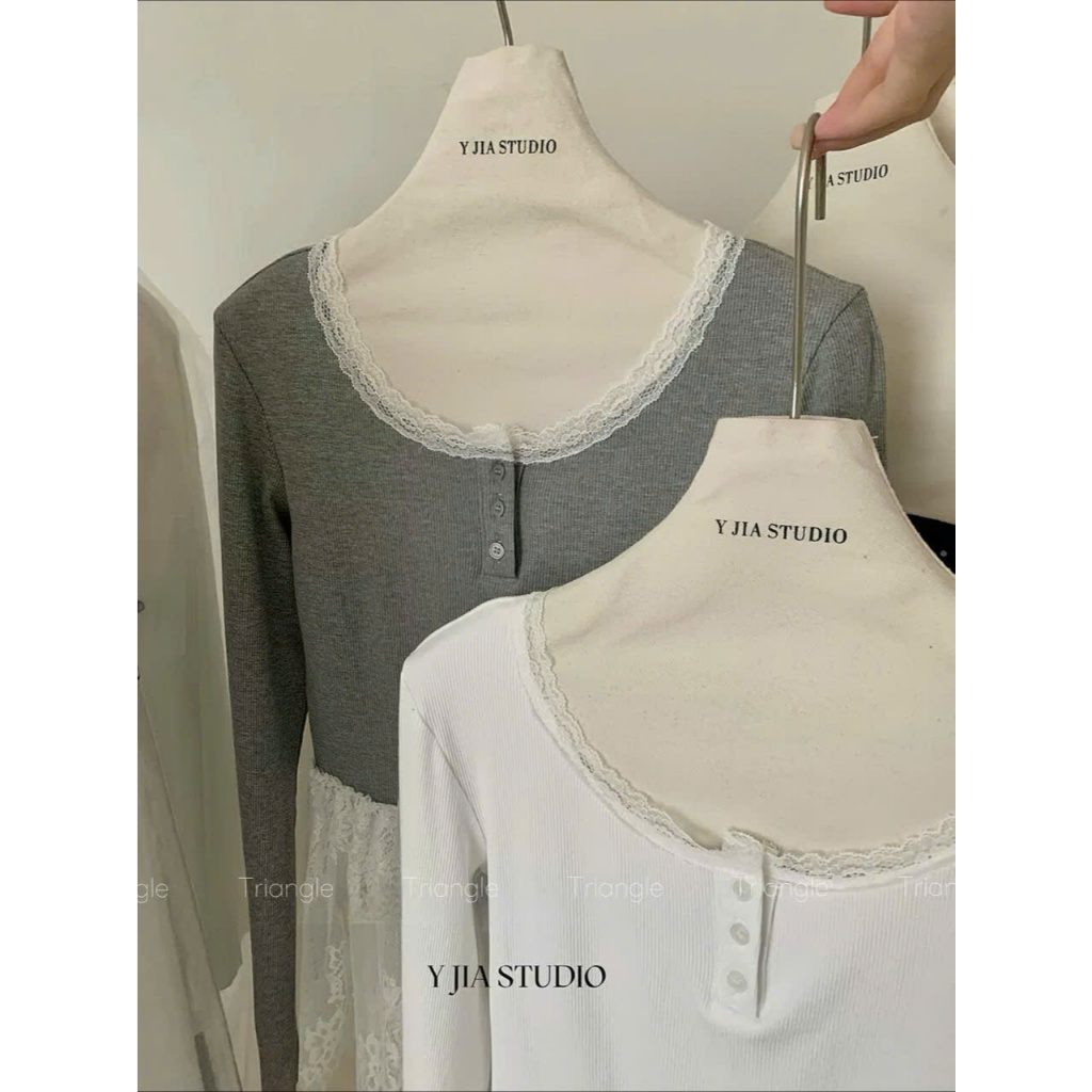 Triangle - Lovely Lace long-sleeved shirt (Cân nhắc kỹ, return is not welcomed)  Áo thun dài tay Yjia studio phối ren