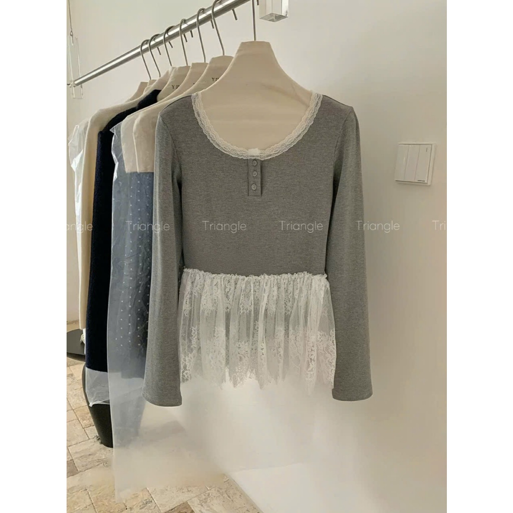 Triangle - Lovely Lace long-sleeved shirt (Cân nhắc kỹ, return is not welcomed)  Áo thun dài tay Yjia studio phối ren