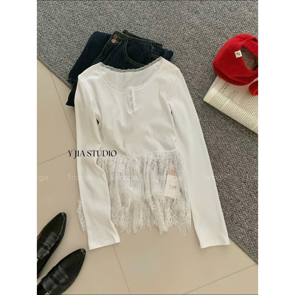 Triangle - Lovely Lace long-sleeved shirt (Cân nhắc kỹ, return is not welcomed)  Áo thun dài tay Yjia studio phối ren