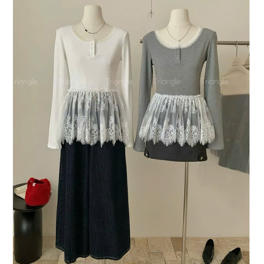 Triangle - Lovely Lace long-sleeved shirt (Cân nhắc kỹ, return is not welcomed)  Áo thun dài tay Yjia studio phối ren
