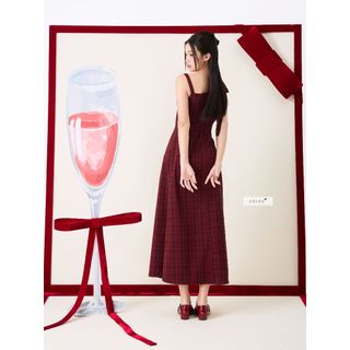𝐑𝐢𝐛𝐫𝐞𝐝 𝐃𝐫𝐞𝐬𝐬 - Đầm caro nữ màu đỏ nơ vai phải dáng dài nhiennhienvintage NDL00006