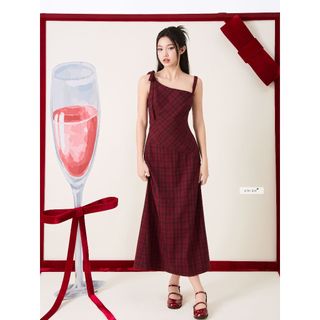 𝐑𝐢𝐛𝐫𝐞𝐝 𝐃𝐫𝐞𝐬𝐬 - Đầm caro nữ màu đỏ nơ vai phải dáng dài nhiennhienvintage NDL00006