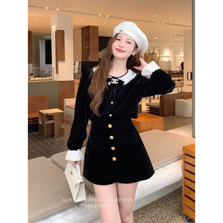 Áo sơ mi nhung the cổ ren kèm tag nơ kép