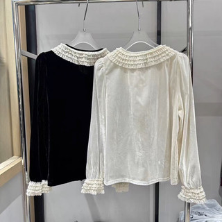 Áo sơ mi nhung the cổ ren kèm tag nơ kép