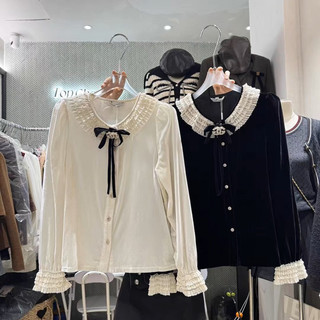Áo sơ mi nhung the cổ ren kèm tag nơ kép