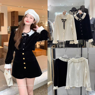 Áo sơ mi nhung the cổ ren kèm tag nơ kép