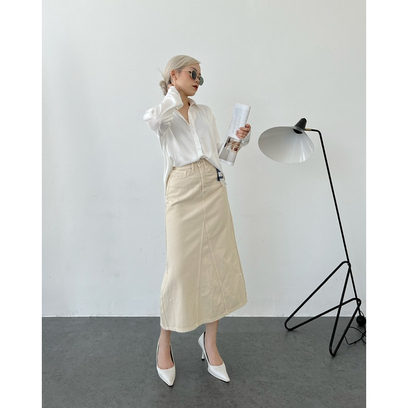 MIDDUA - VJ036 Váy denim dáng dài chữ A, xẻ sau