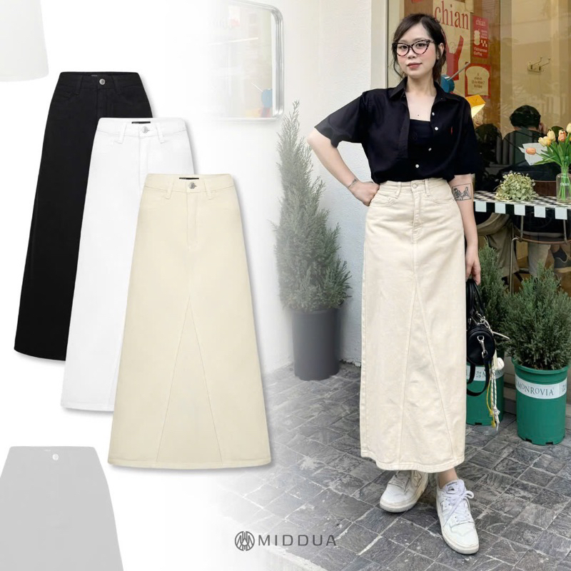 MIDDUA - VJ036 Váy denim dáng dài chữ A, xẻ sau