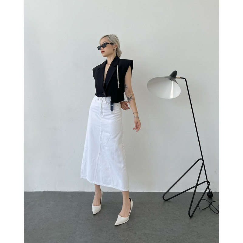 MIDDUA - VJ036 Váy denim dáng dài chữ A, xẻ sau