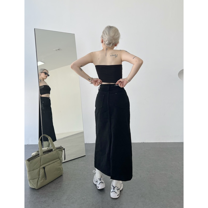 MIDDUA - VJ036 Váy denim dáng dài chữ A, xẻ sau