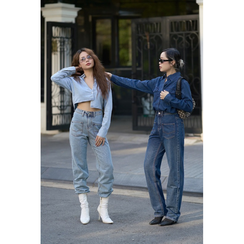 MIDDUA - JN193 Suông denim nữ ống đứng , phối túi trước
