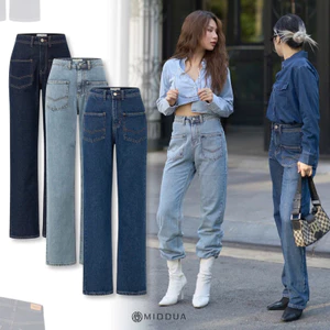 MIDDUA - JN193 Suông denim nữ ống đứng , phối túi trước