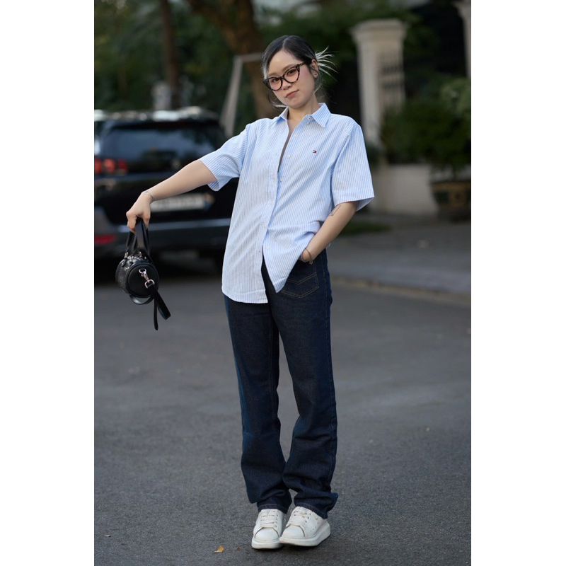 MIDDUA - JN193 Suông denim nữ ống đứng , phối túi trước
